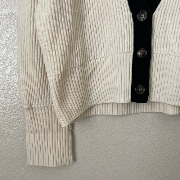 BLDWN Cardigan Women Small Cream Black Sparrow Cashmere Wool Ribbed Knit Sweater - Picture 5 of 12